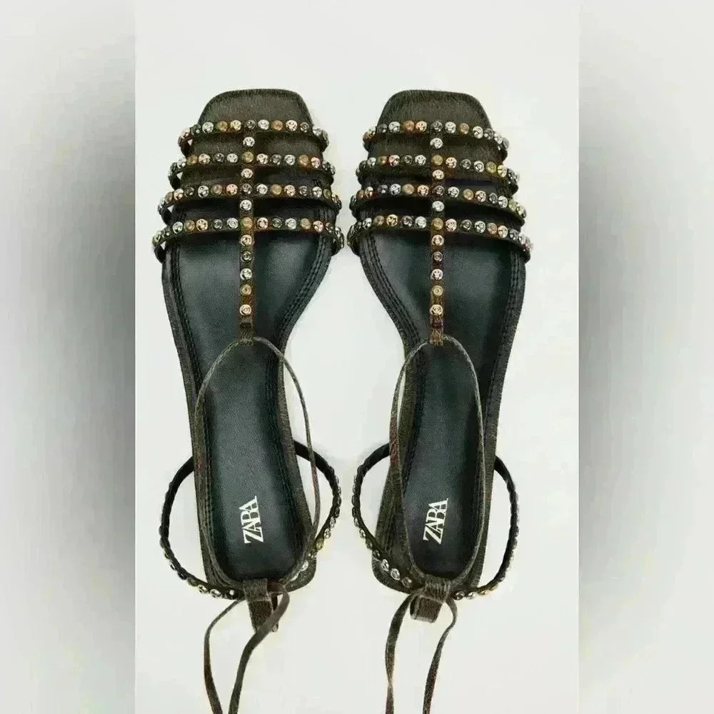 Zara Brown T-Strap Sandals with Embellished Straps